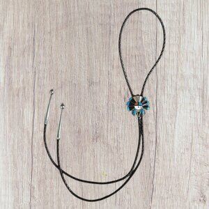 Vintage Bennett ZUNI Native American Headdress Sterling Turquoise Bolo Tie 37"